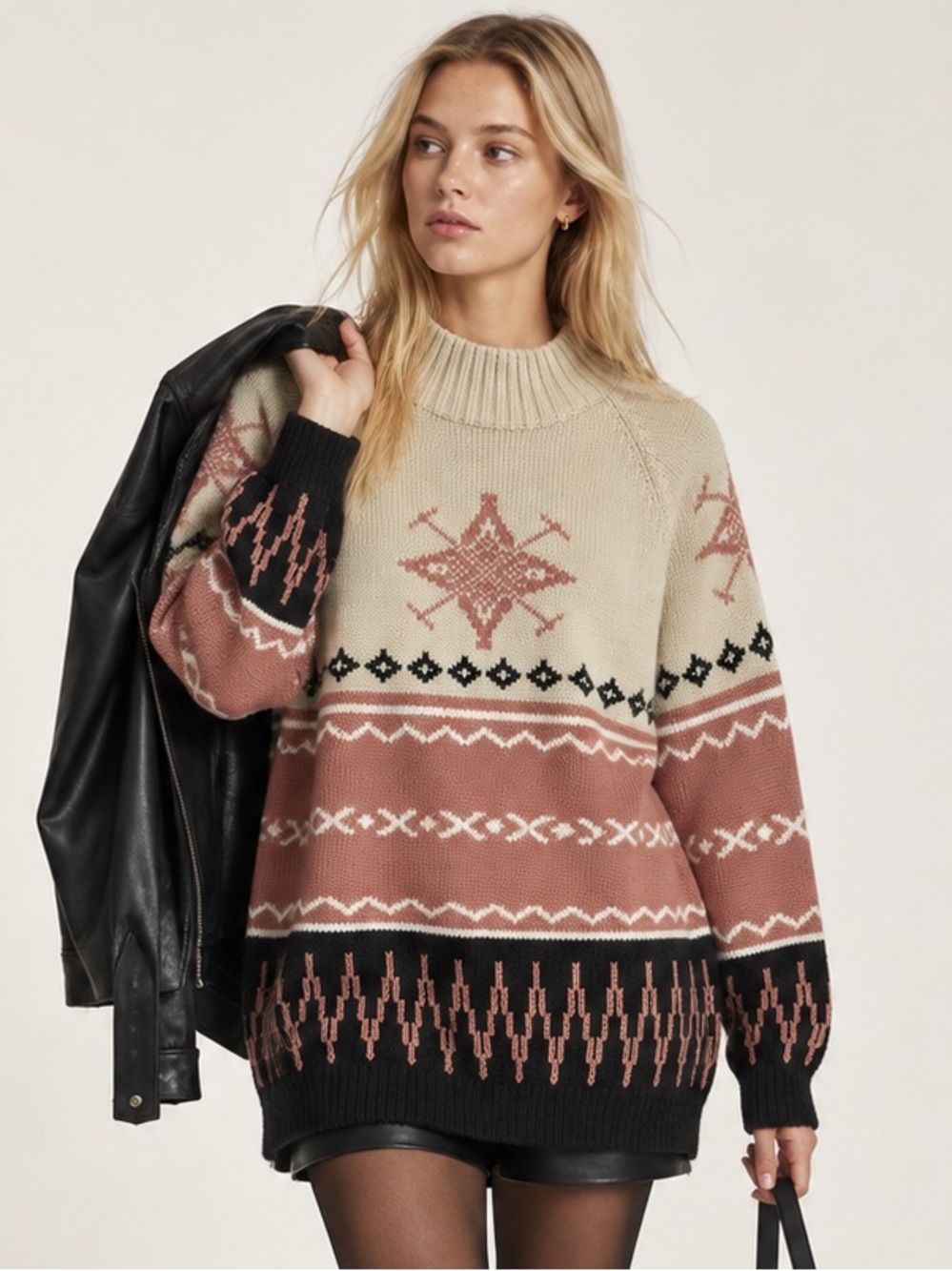 Vintage Esprit Oversized Pink Fair Isle Wool Blend Turtleneck Ski Sweater Small